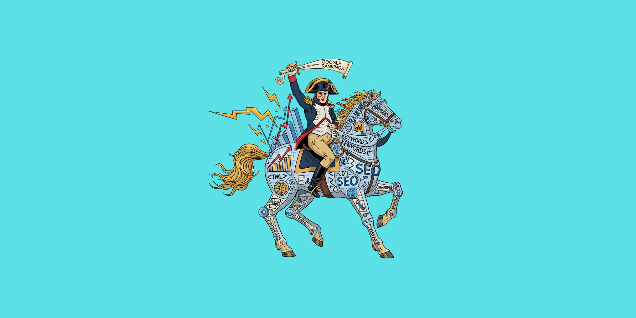 Illustration Napoleon reitet ein SEO Pferd